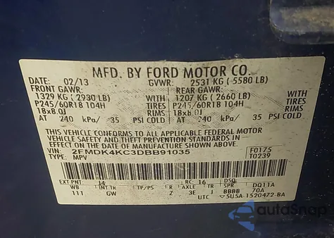 2013 Ford Edge Limited z USA, uszkodzony, nr VIN 2FMDK4KC3DBB91035